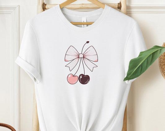 "Pink Cherry Bow Minimalist T-Shirt for Fashionable Women"