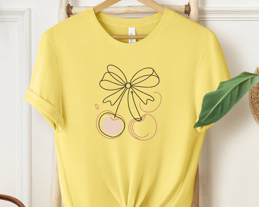 Cherry Bow Pink Line Art Minimalist Design Soft Cotton T-Shirt for Fashionable Women