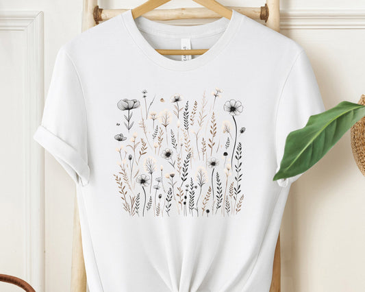 Floral Serenity Women's Nature-Inspired Tee - Neutral Wildflower Shirt
