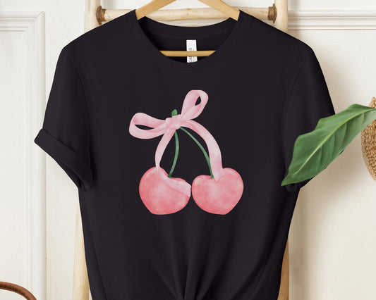 Cherry Bow Pink Line Art Women's Soft Cotton Crewneck T-Shirt | Trendy Minimalist Design Tee