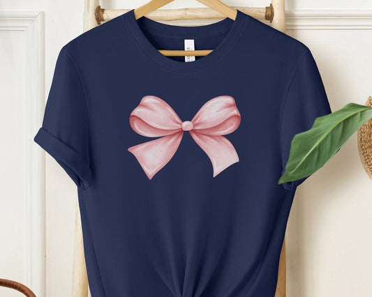 Chic Pink Bow Crewneck Tee in Soft Cotton for Trendsetting Women