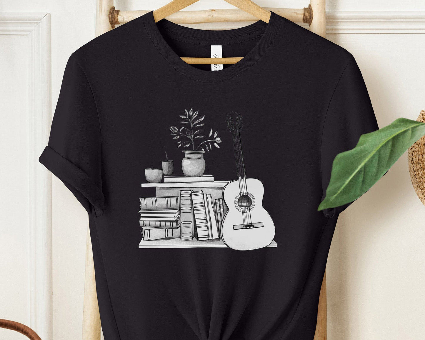 "Minimalist Books Guitar Apple Teacher T-Shirt for Women - Soft Cotton Crewneck Tee"