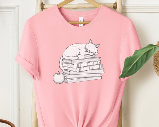 "Cat Nap Teacher" Unisex Soft Cotton Crewneck T-Shirt - Cute Cat Sleeping on Books and Apple Print for Cat Lovers and Teachers