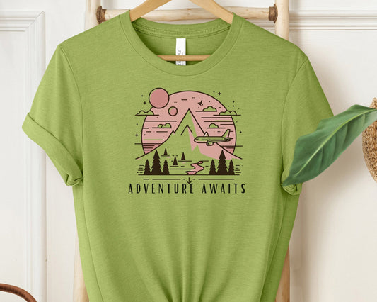 "Adventure Awaits Pink Travel T-Shirt | Minimalist Holiday Wanderlust Tee for Travellers"
