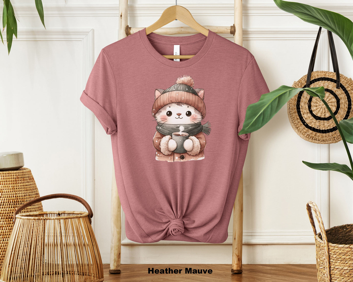 "Watercolor Cat Holding Coffee Cup Soft Cotton T-Shirt - Ideal Gift for Cat Lovers"