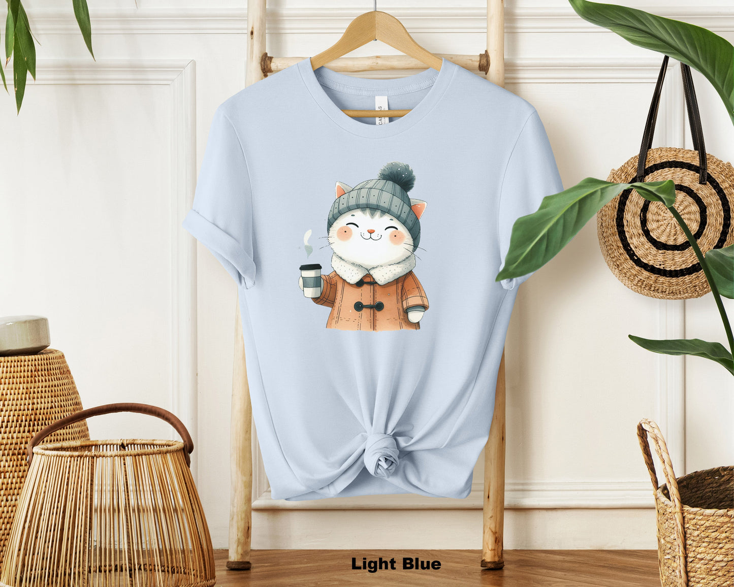 Watercolor Cat Coffee Lover Soft Cotton T-Shirt | Cute Cat Holding Coffee Cup Design | Perfect Gift for Women, Girlfriends, and Cat Lovers
