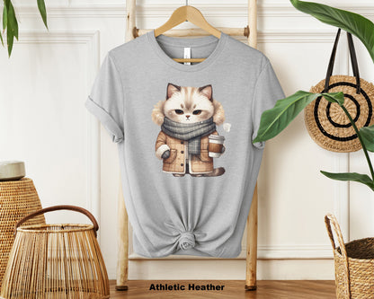 "Watercolor Angry Cat Holding Coffee Cup Soft Cotton T-Shirt - Perfect Gift for Cat Lovers"