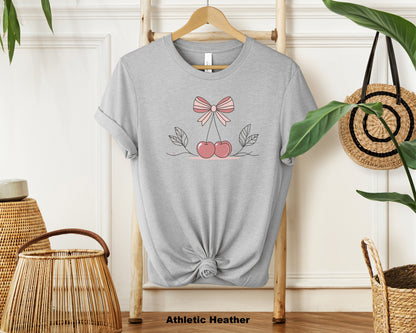 "Cherry Bow Pink Line Art Minimalist T-Shirt for Women - Trendy Soft Cotton Tee"