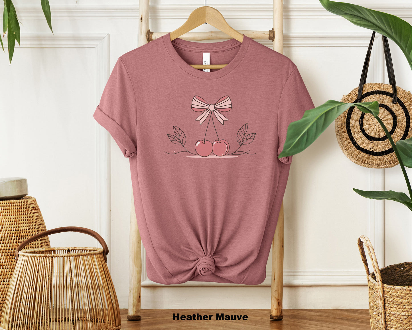 "Cherry Bow Pink Line Art Minimalist T-Shirt for Women - Trendy Soft Cotton Tee"