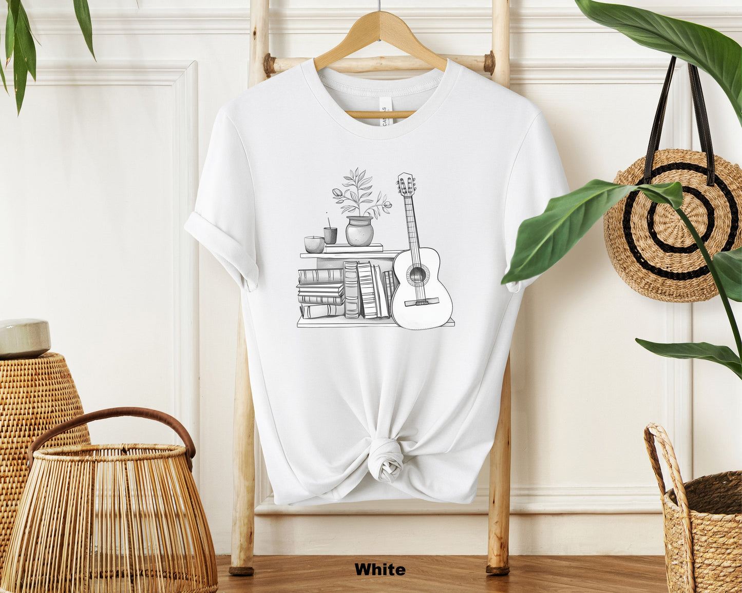 "Minimalist Books Guitar Apple Teacher T-Shirt for Women - Soft Cotton Crewneck Tee"