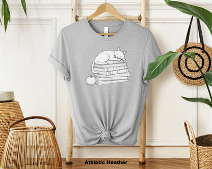 "Cat Nap Teacher" Unisex Soft Cotton Crewneck T-Shirt - Cute Cat Sleeping on Books and Apple Print for Cat Lovers and Teachers