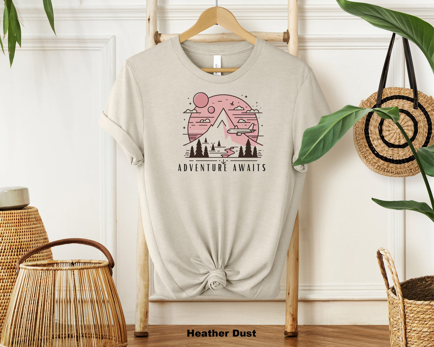 "Adventure Awaits Pink Travel T-Shirt | Minimalist Holiday Wanderlust Tee for Travellers"