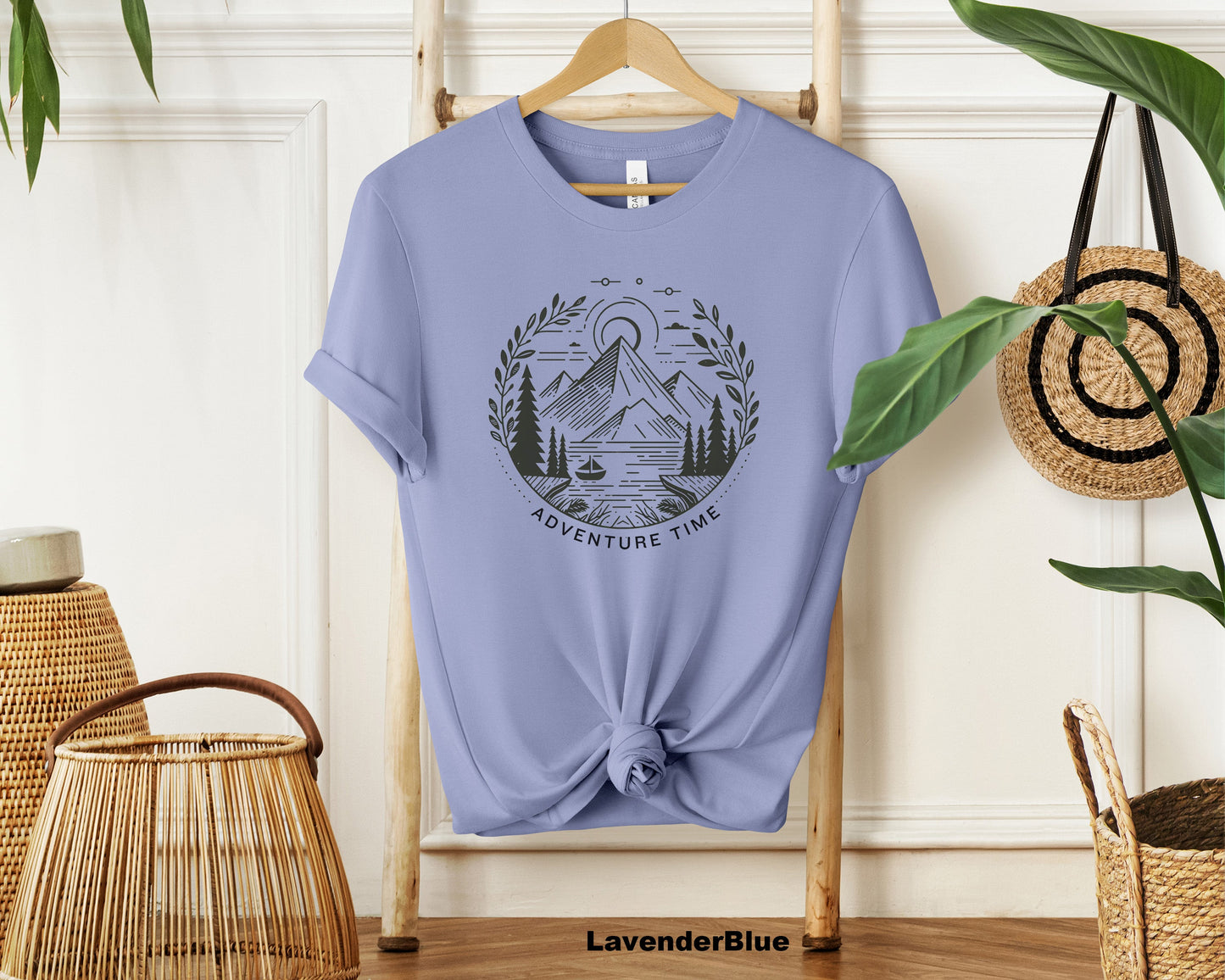 "Adventure Time Travel T-Shirt - Unisex Short Sleeve Crewneck with Minimalist Line Art Design for Travelling and Camping Enthusiasts"