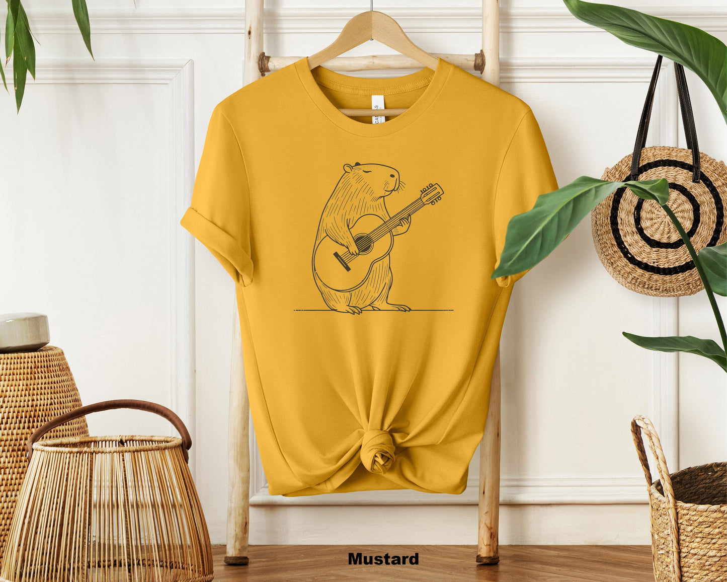 "Cute Capybara Playing Guitar Funny Unisex Soft Cotton T-Shirt for Animal and Music Lovers"