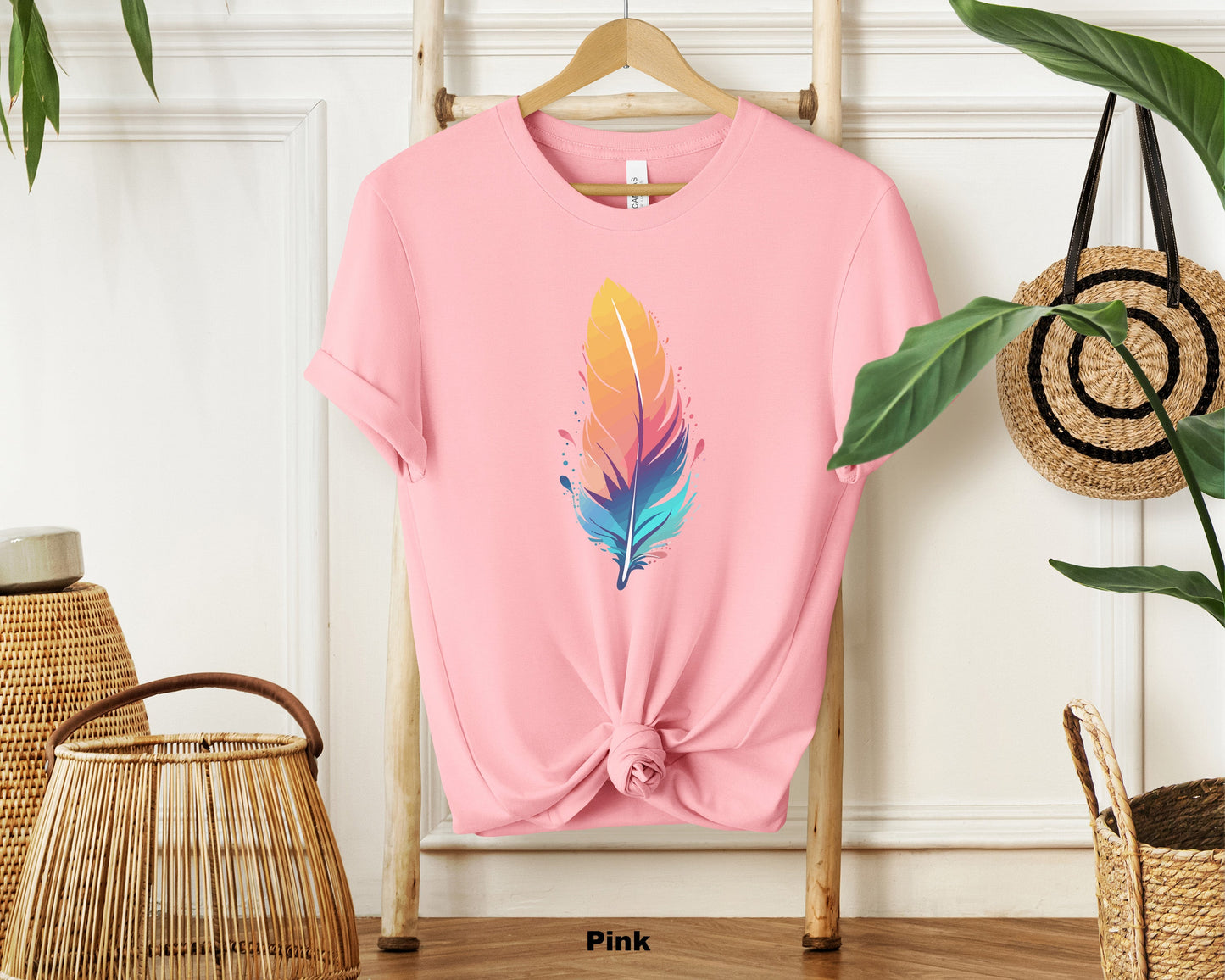 "Soft Cotton Unisex Crewneck T-Shirt with Pink Feather Print for Trendy Women"