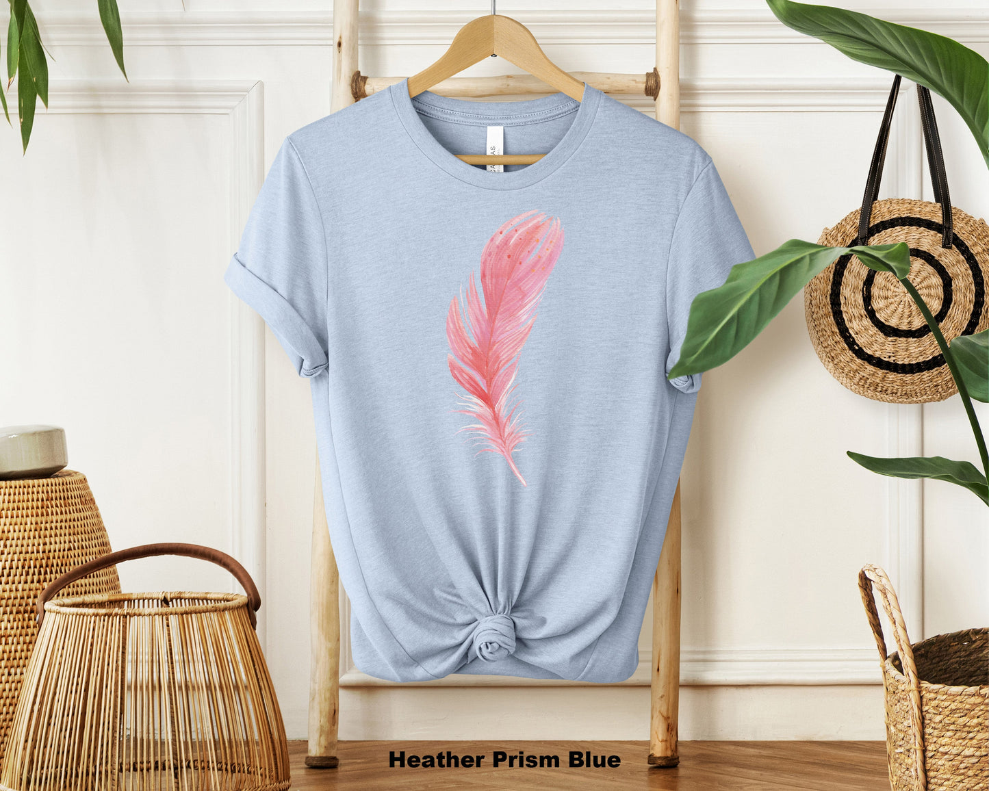"Soft Cotton Watercolor Feather Design Pink T-Shirt for Trendy Women"