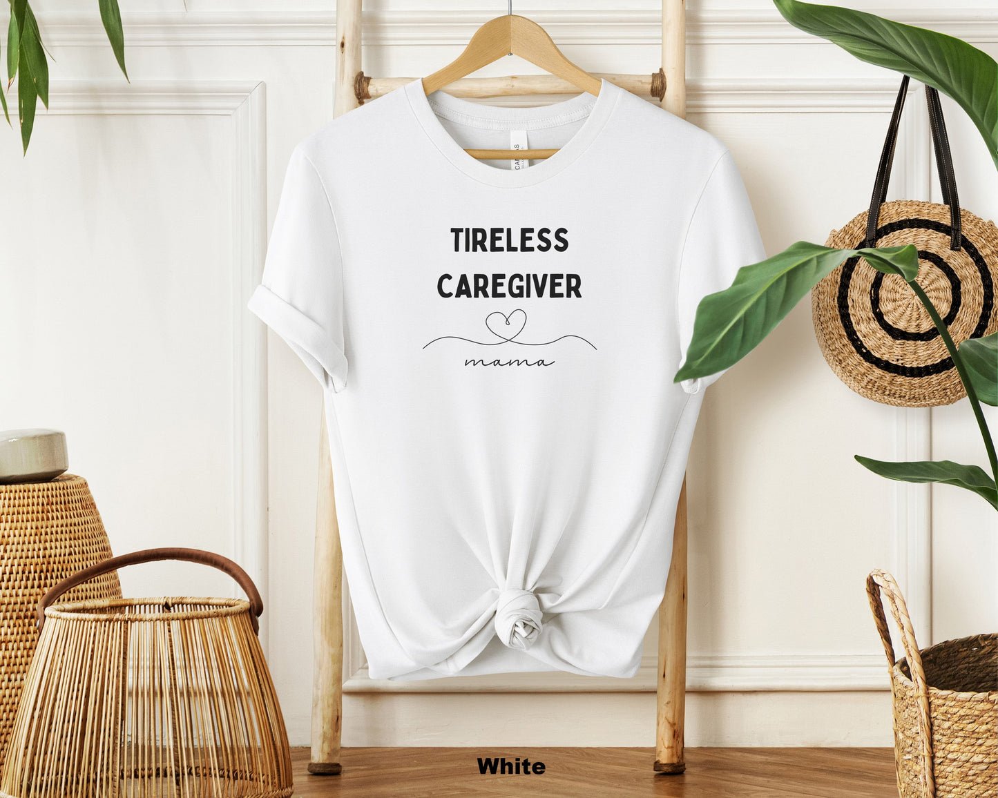 "Tireless Caregiver Mom Soft Cotton Crewneck T-Shirt with Mama Heart Design - Ideal for Mothers and Expecting Moms"